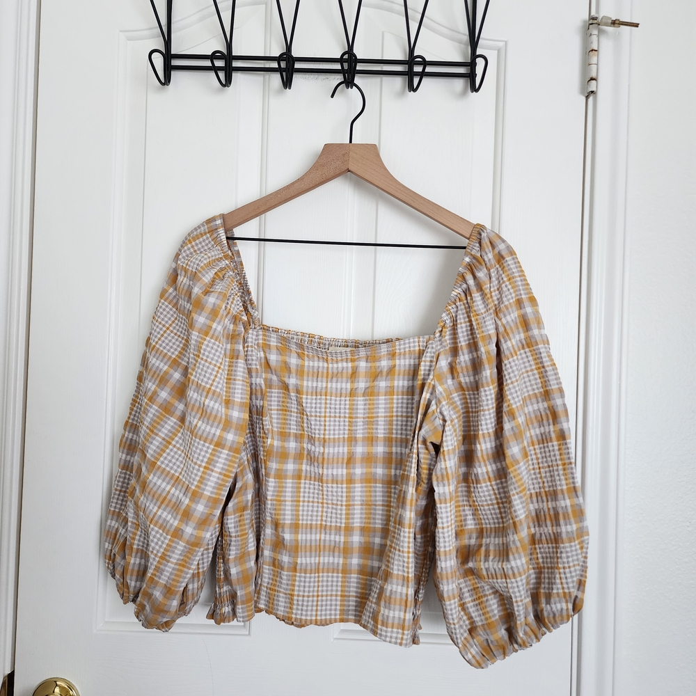 Plaid Puff-Sleeve Square Neck Top in Mustard